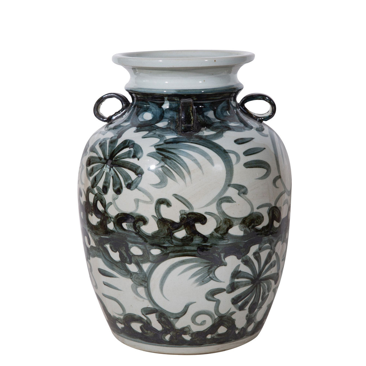 Rustic Charcoal Four Loop Handle Jar Twisted Flower Motif - Small