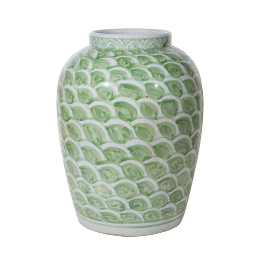 Spring Green Fish Scale Motif Porcelain Jar, Large