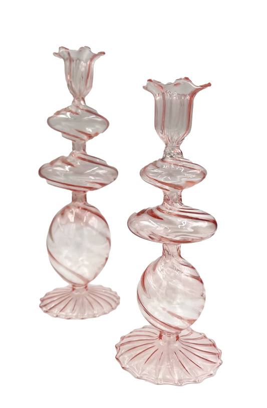 Pink Swirl Glass Candlestick, Medium