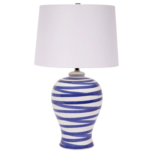 LINDELL BLUE STRIPED CERAMIC TABLE LAMP WITH WHITE LINEN SHADE