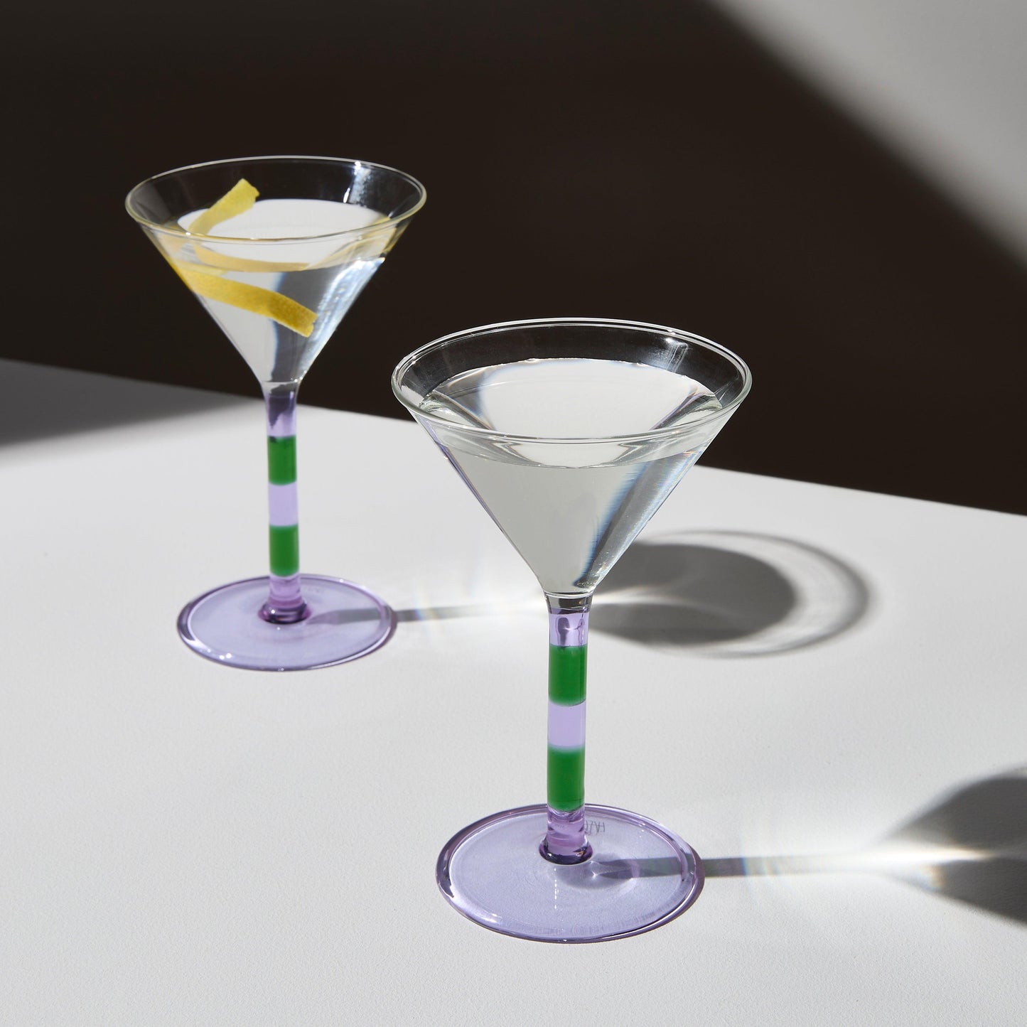 TWO x STRIPED MARTINI GLASSES - LILAC + GREEN