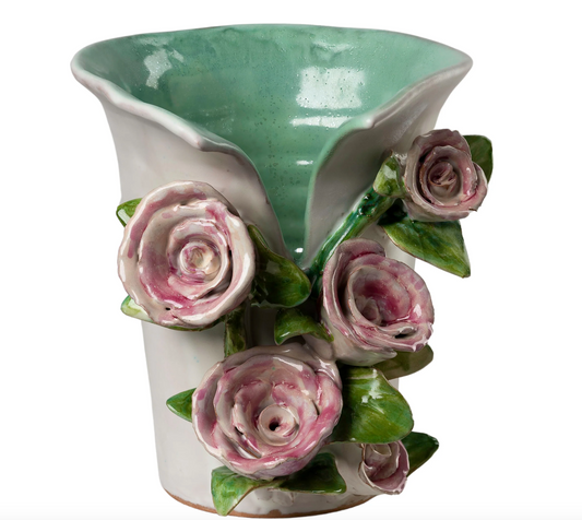 Vase, Med. White w/ Pink Roses