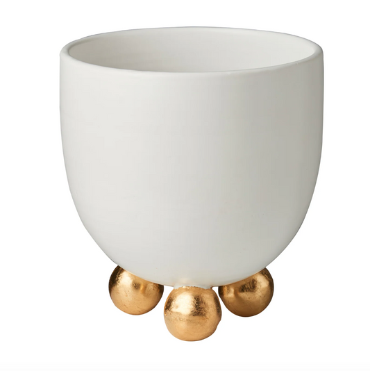 Catalina Footed Cachepot, Matte White, Gold Feet