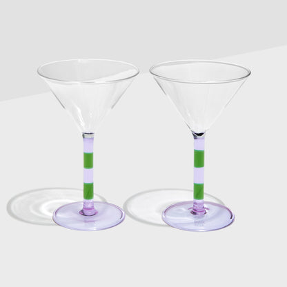 TWO x STRIPED MARTINI GLASSES - LILAC + GREEN