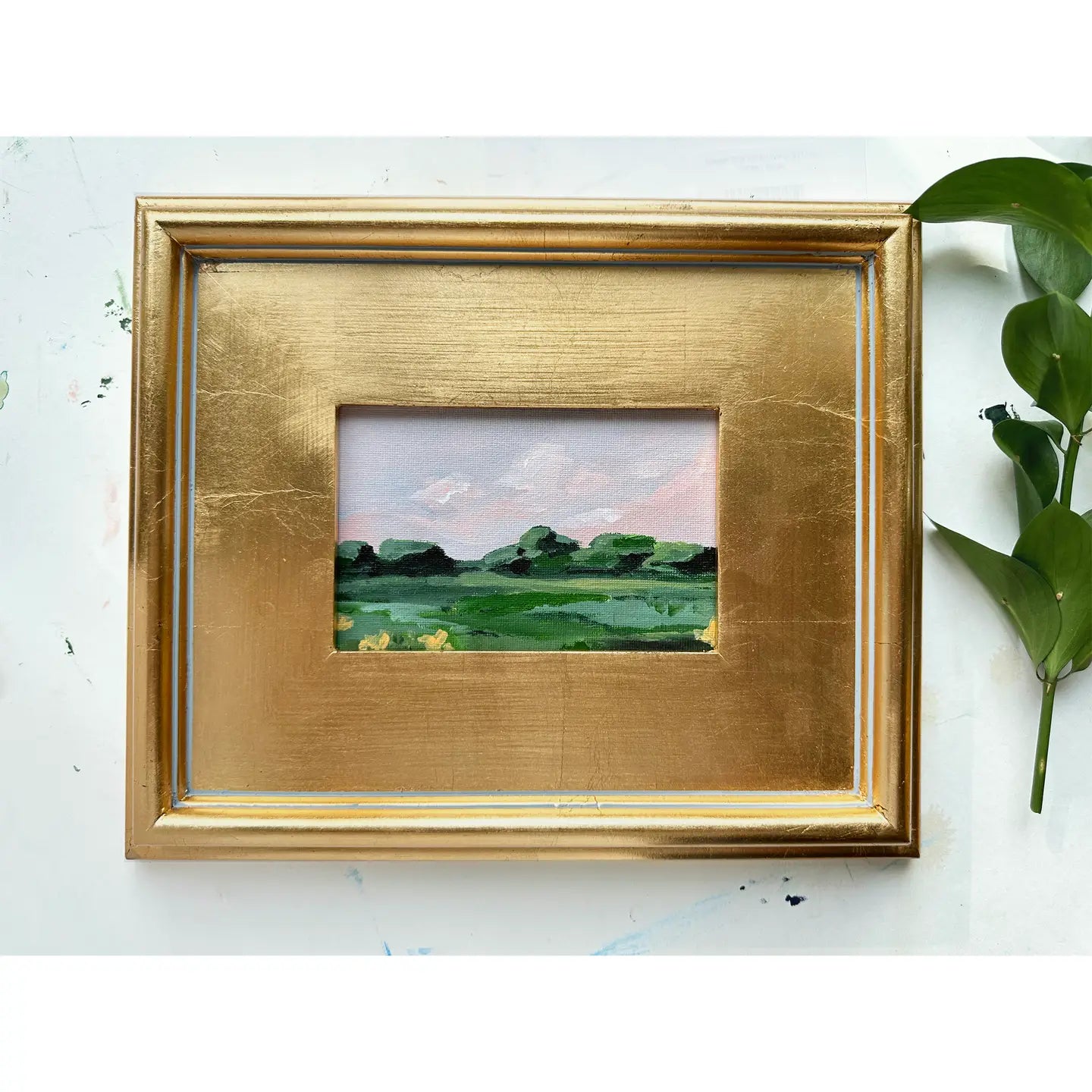 Pink and Green Landscape Painting On Canvas, 4x6 Framed