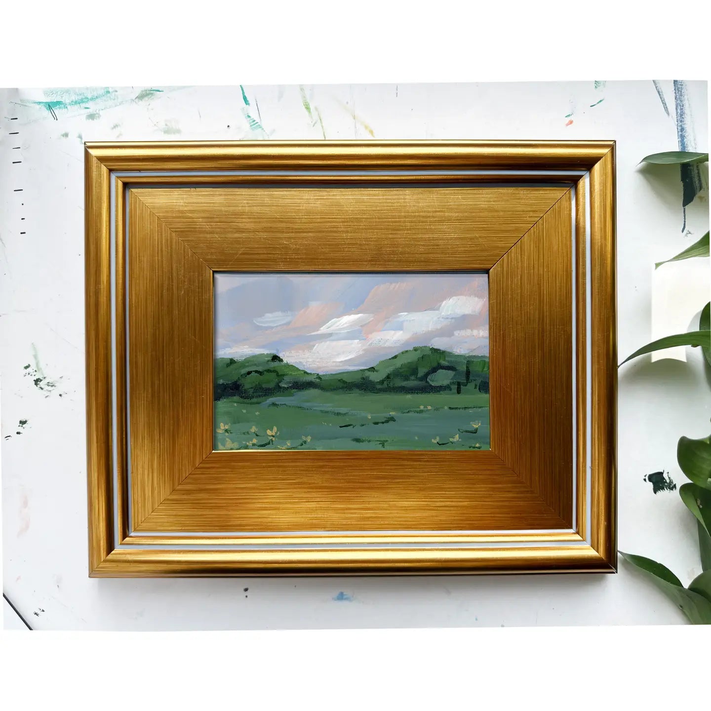 Pink and Green Landscape Painting On Canvas, 4x6 Framed